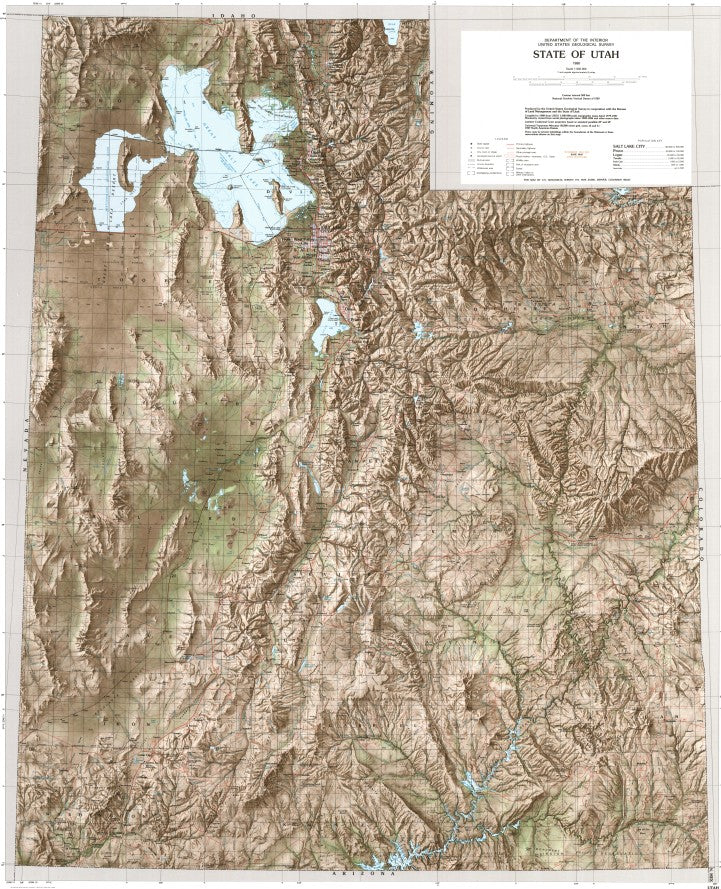 US Geological Survey Utah Shaded Relief Topographic Map 1:500,000 Scal ...