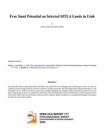 Frac Sand Potential on Selected SITLA Lands in Utah (OFR-777)